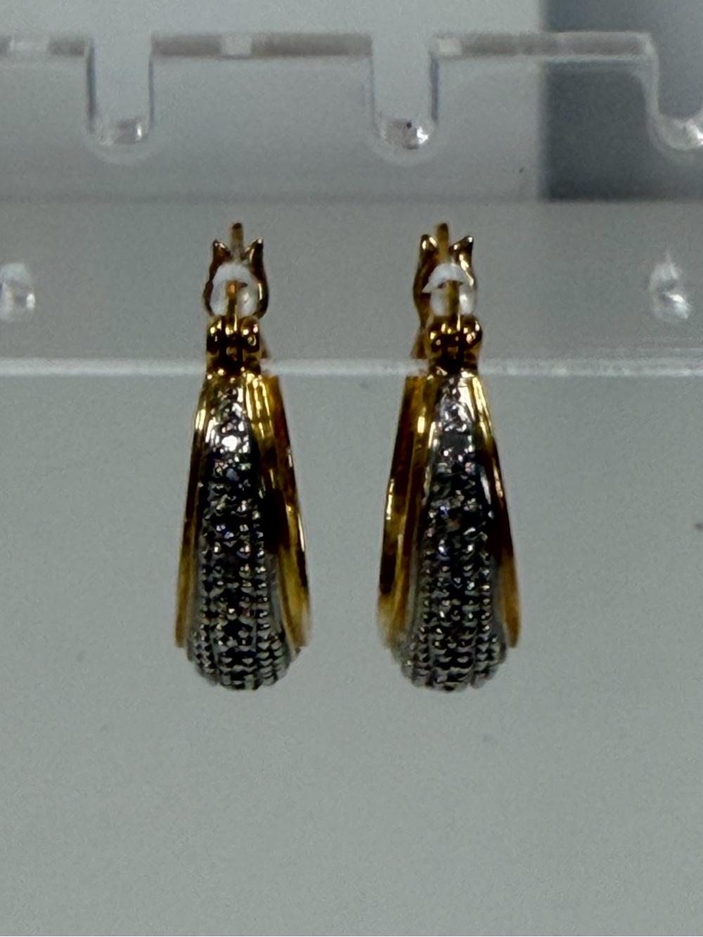 Gold Toned Sterling‎ Silver And Diamond Hoop Earring Stamped 925